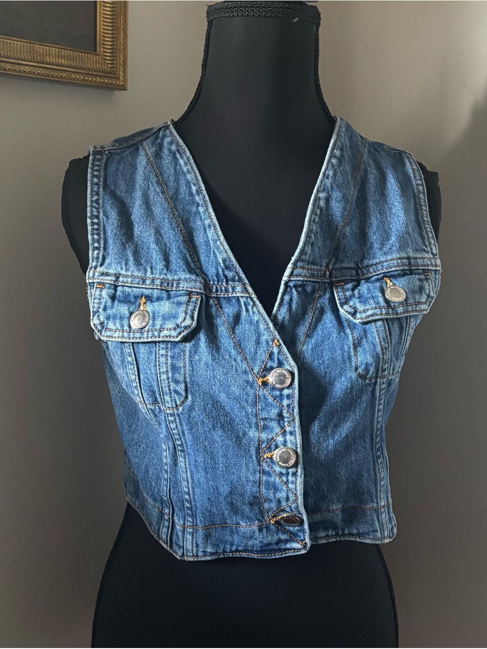 Universal Thread Blue Denim Cropped Vest with Button Front